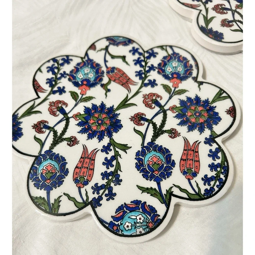 2 Turkish Ceramic Kitchen Hot Plate Trivet Purple Red Flower Shape 7.25